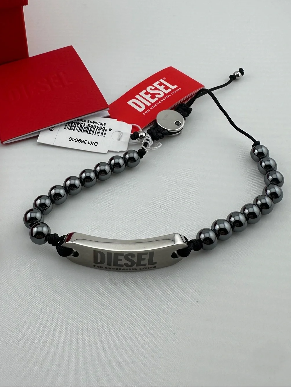 Diesel Hematite Beaded Logo Bracelet with Silver Plate